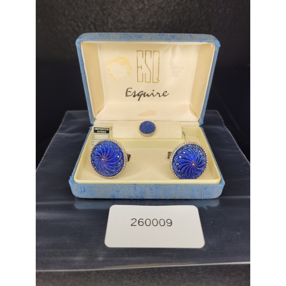 Esquire Cufflinks Tie Tack Set Blue Swirl Silver Tone Imported Stone With Box